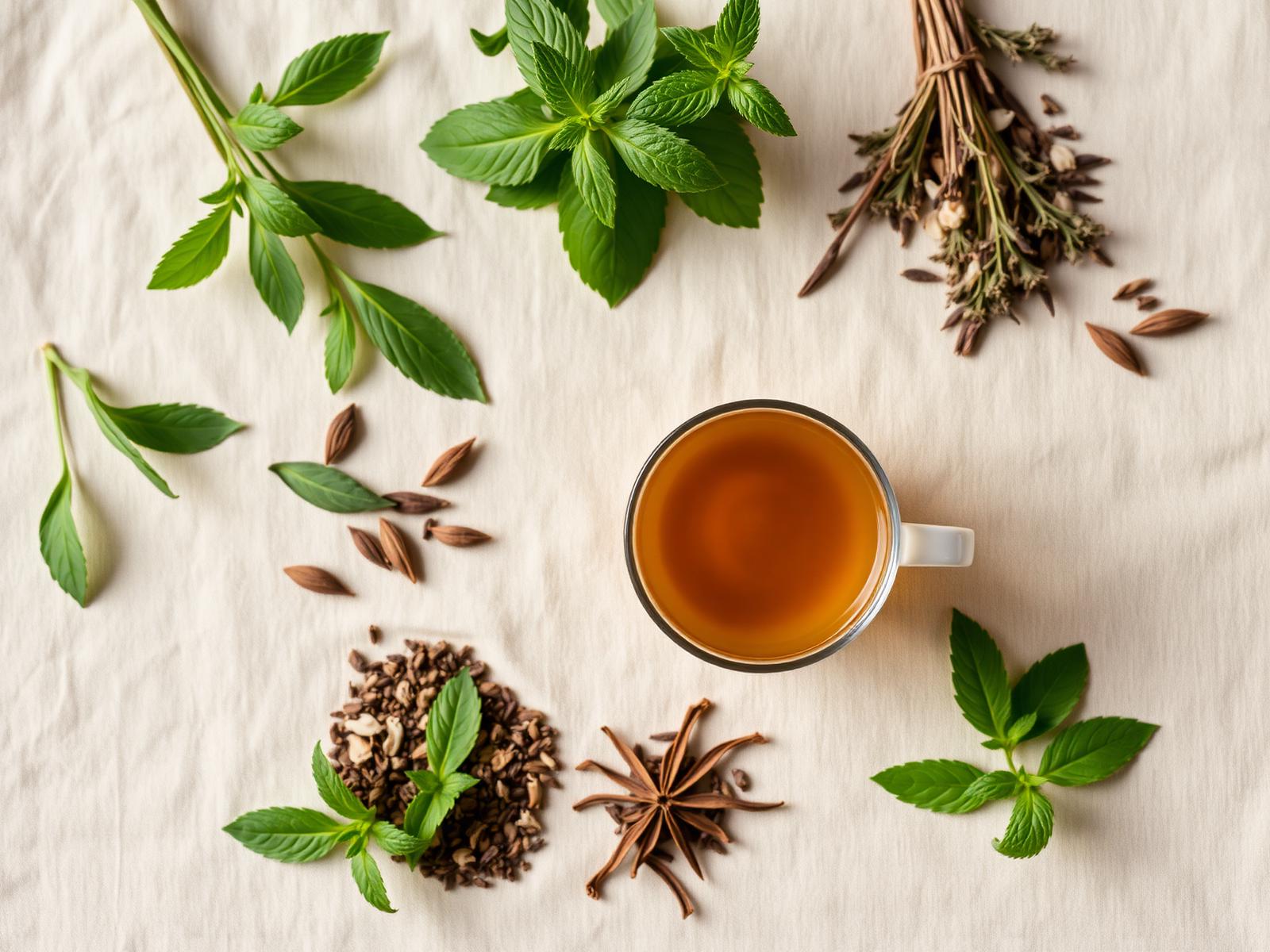 Fresh Ayurvedic herbs, tea leaves and a warm cup of herbal tea arranged on natural linen