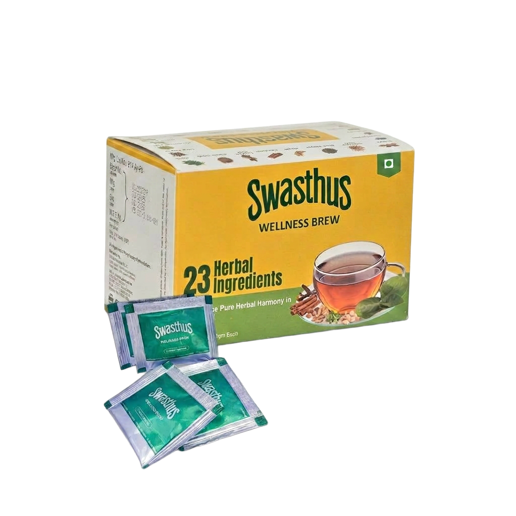 Swasthus Wellness Brew premium packaging with loose herbal tea leaves